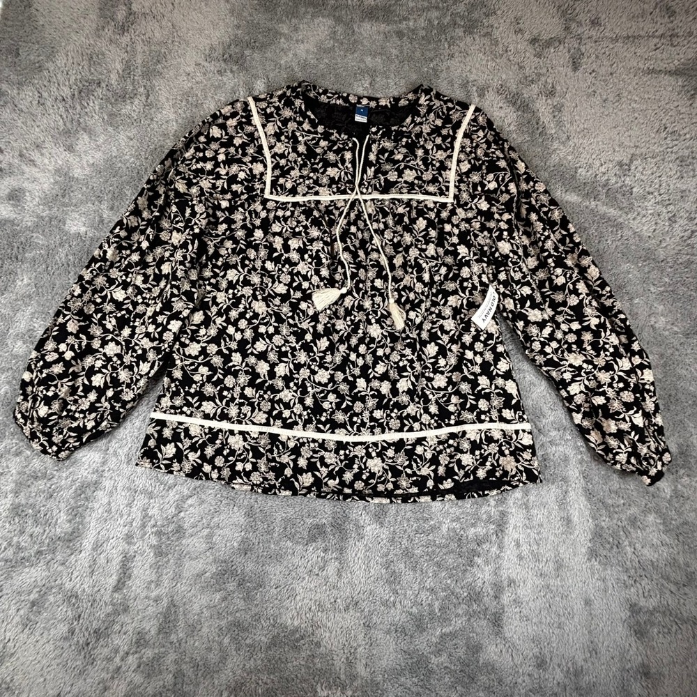 Old Navy Womens M Black White Floral Tassel Tie Peasant Blouse Long Sleeve Top